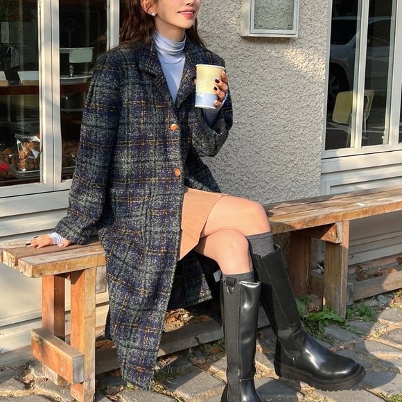 MODA ME COUTURE Jackets & Blazers - Plaid Lapel Collar Button Front Long Coat Multicolor